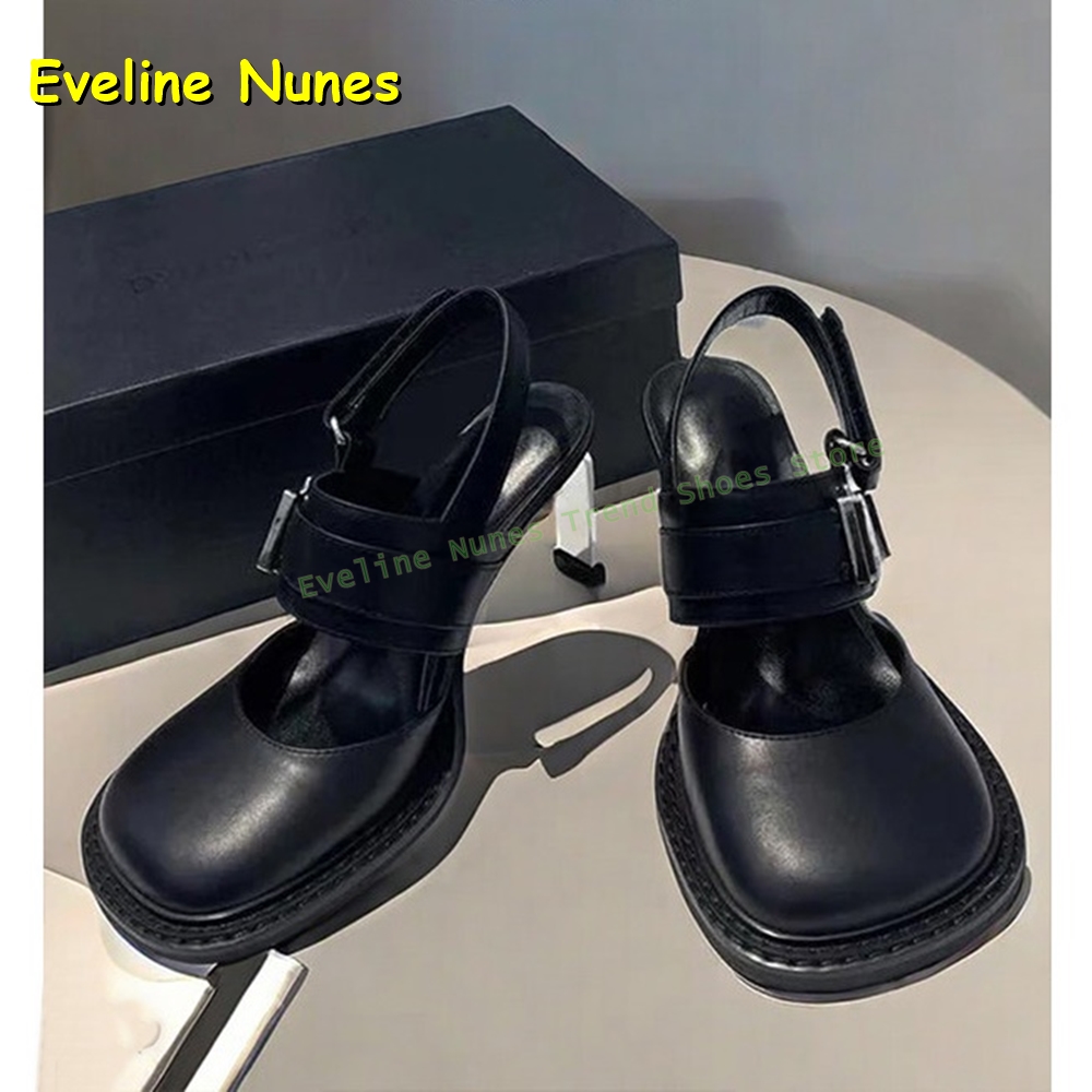 Sandals - Women's Black Square Toe Buckle Slingback